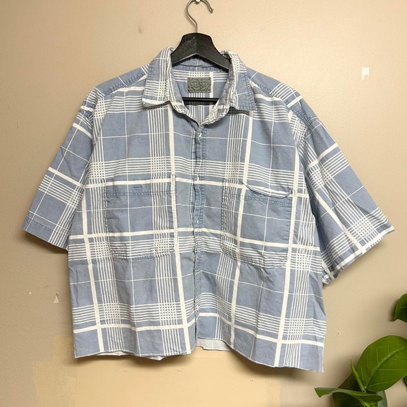 American Hero Other - Vintage 90s American Hero Blue White Checkered Cropped Short Sleeve Shirt Mens L